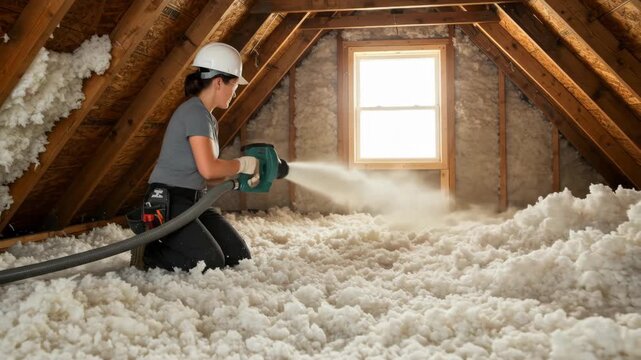 Female Contractor Installing Blown-in Insulation in Attic - A female construction worker kneels in an attic, using a machine to blow insulation into the rafters.