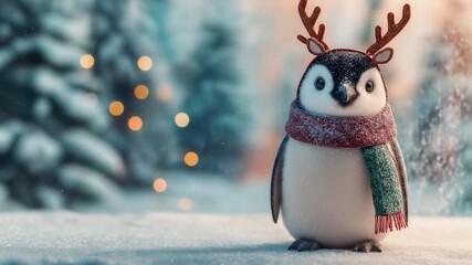 A small penguin chick wearing a red and green scarf and reindeer antlers stands on snow in front of a blurred snowy forest with lights. - Powered by Adobe