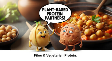 Friendly cartoon characters of onion and bean promoting plant-based protein