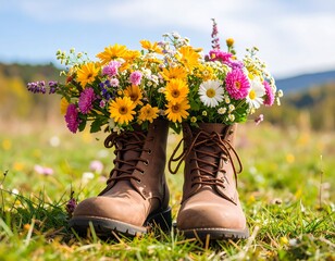 Flowers in boots on grassy field