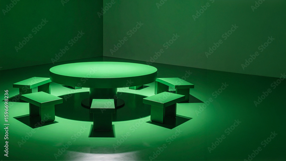 Poster a round table and six matching stools, all in a uniform shade of green, are arranged in a minimalist