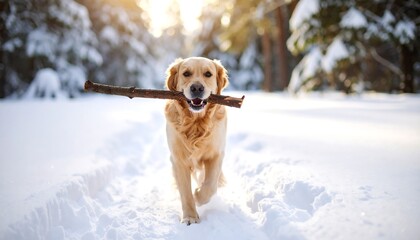 Happy golden retriever runs through snowy woods, carrying stick