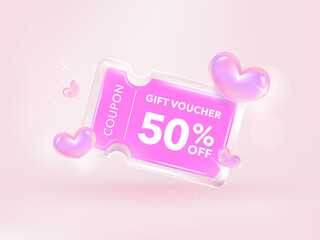 Transparency coupon banner for Discount online shopping with Holography Vibrant Gradient hearts shape and decorations background. Vector Premium.
