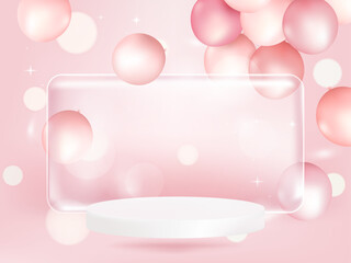 Transparency glass banner label with 3D pink pastel balloon. Discount offer tag with shiny, glossy, reflective surface.