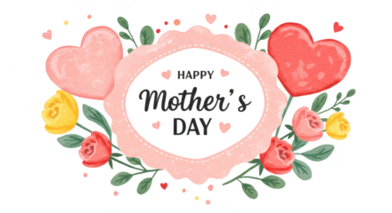Photo of a watercolor illustration of hearts and flowers isolated on transparent background for happy mothers day