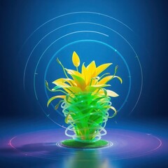 Vibrant abstract glowing flower with swirling energy rings and subtle human profile outlines in a mystical blue environment