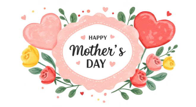 Photo of a watercolor illustration of hearts and flowers isolated on transparent background for happy mothers day