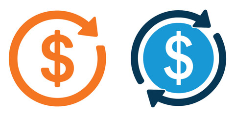 Money Refund and Return Icon Set – Dollar Symbol with Circular Arrows for Finance and Investment Vector
