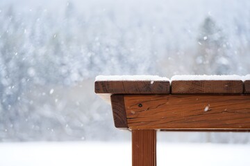 Fototapeta premium Rustic Wooden Tabletop Snowfall Winter Scene: Serene, Cold, Peaceful Atmosphere