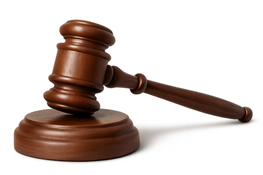 Wooden gavel resting on sounding block against black background