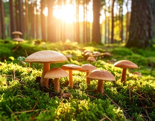 Forest floor mushrooms at sunset