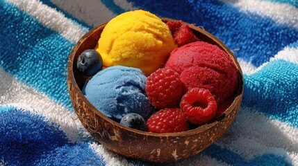 Colorful Ice Cream Scoops with Berries in Coconut Bowl