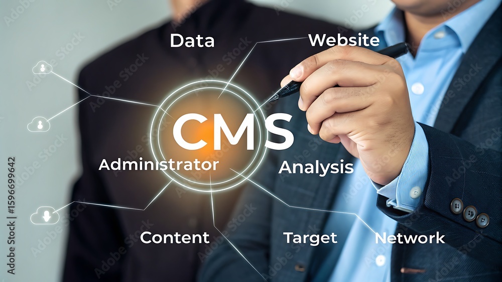 Aufkleber man explaining cms: website data analysis, content administrator, network target connection for busi
