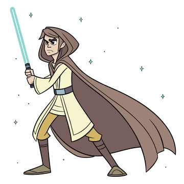 Cartoon Jedi Warrior with Lightsaber in Action Pose &ndash; Sci-Fi Space Fighter Illustration
