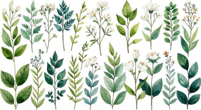 Watercolor herb and foliage elements. Simple greenery clipart watercolor. Decorative green plants watercolor set. Wild leaves and floral stems painting. Soft watercolor nature design set