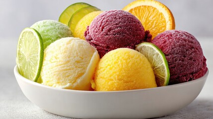 Colorful Ice Cream Scoops with Citrus Fruit