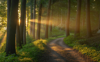 Naklejka premium Morning forest path with sunlight filtering through misty trees and green foliage