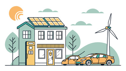 Illustration of a house with solar panels, electric charging station, and wind turbine in background