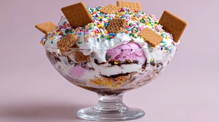 Colorful Ice Cream Sundae with Whipped Cream and Graham Crackers