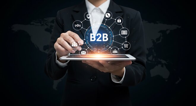 A businesswoman is holding a tablet displaying a b2b network with icons representing business connections and global reach