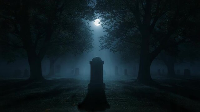 Eerie graveyard under full moonlight with fog enveloping tombstones. Dark cemetery scene includes ancient grave markers surrounded by towering trees and mist creating a chilling atmosphere.