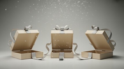 Boxing day, Christmas, Shopping Three open gift boxes with silver ribbons and falling snow on a neutral background
