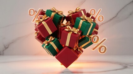 Boxing day, Christmas, Shopping Festive Heart of Gifts: Red and Green Presents with Golden Ribbons and Percentage Signs
