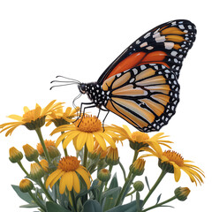 Fototapeta premium A monarch butterfly with vibrant orange and black wings delicately perched on a cluster of bright yellow flowers, isolated on transparent background
