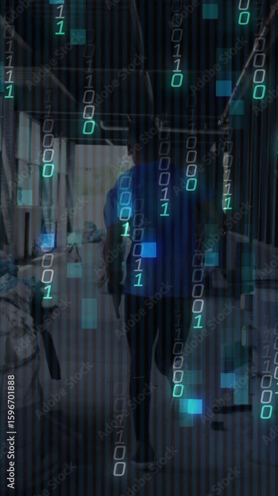Poster walking through industrial workspace, person with binary code animation overlay