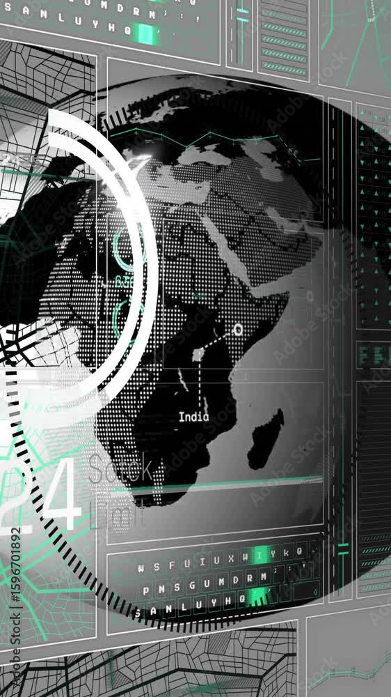 Poster rotating globe with data points and charts, global network analysis animation