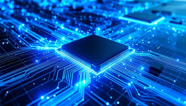 High-tech circuit board with glowing chip