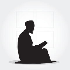 Muslim Quran Teacher Silhouette – Flat Islamic Scene with Traditional Clothing and Open Quran