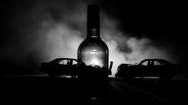 Drunk Driving Accident Silhouette - A silhouette of a car crash is visible inside a wine bottle, set against a dark and smoky night-time road. The video symbolizes the dangers of drunk driving.