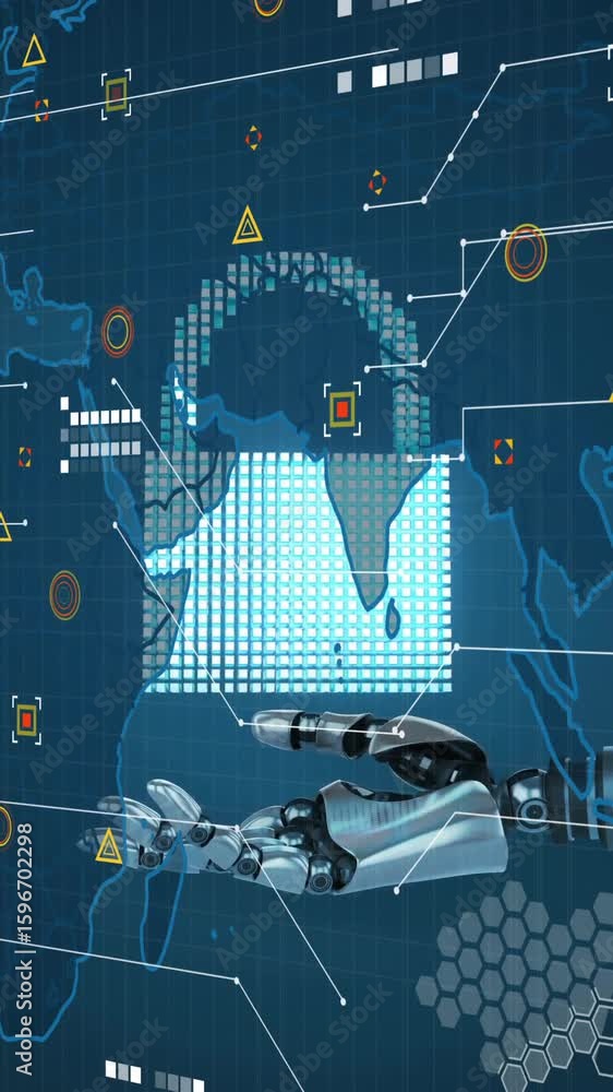 Poster interacting with global network, robotic hand processing data animation over world map