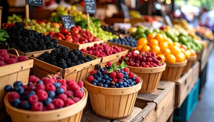 Fresh fruit market stall overflowing with colorful berries and citrus fruits