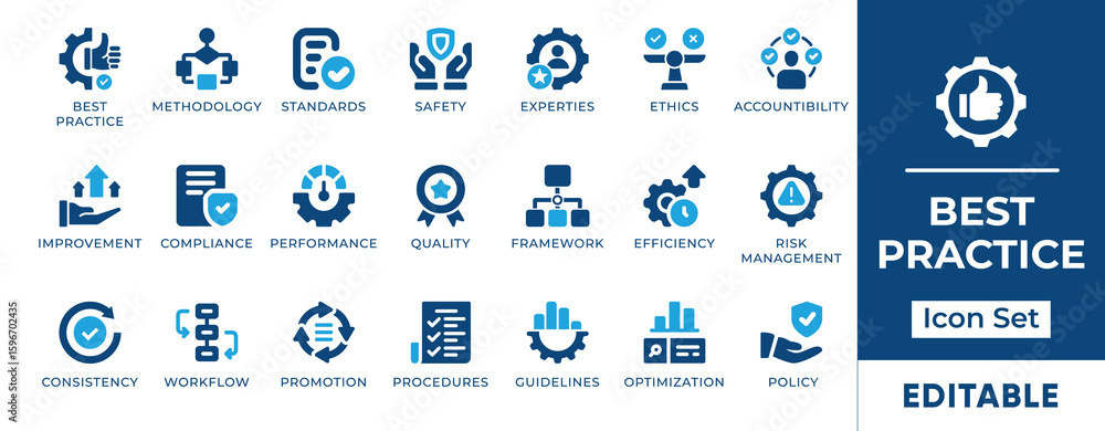 Aufkleber best practices icon set. features icons for workflow, performance, standards, protocols, and improve