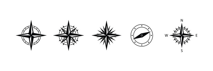 Set of black Compass icon with different style. Wind rose symbol.