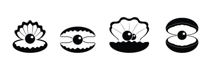 Set of black pearl oyster shells icon collection. Seashells pearls symbol.