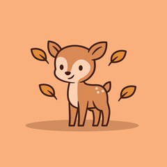 Cute Autumn Deer With Falling Leaves On Warm Background Vector Flat Cartoon Illustration