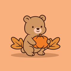 Cute Autumn Bear Holding A Pumpkin, In Flat Cartoon Style With Outline, On Warm Background.