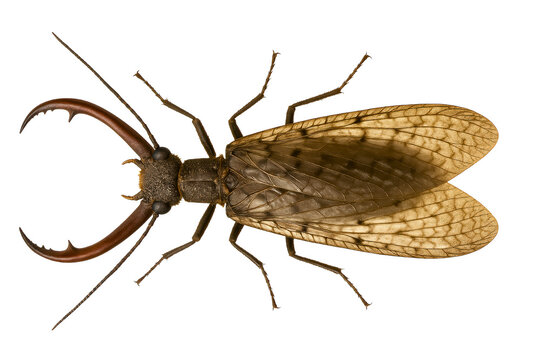 Male dobsonfly insect with large mandibles and wings on a transparent background