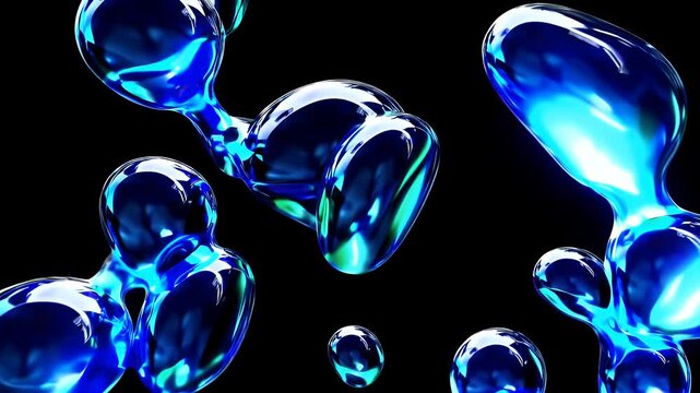 Modernise backdrops K meta ball animation where glowing cyan blobs merge split against inky black conveying futuristic fluidity tech intros blockchain slides VJ