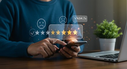 A person is using a mobile phone to provide a fivestar rating, indicating high customer satisfaction with a product or service