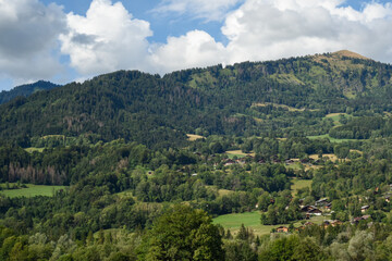 Alpine village or resort of houses in the mountains