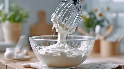 Electric mixer beating cream inside clear bowl on counter