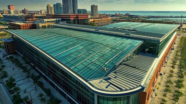 Scenic aerial view showcasing the sprawling Convention Center near the waterfront in vibrant urban landscape, Aerial view of the Convention Center