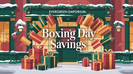 Boxing day, Christmas, Shopping Festive Boxing Day Savings at Evergreen Emporium with Falling Gift Boxes