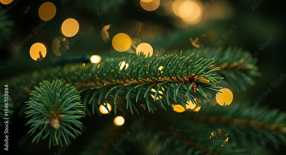 Poster closeup of a pine tree branch with festive lights and bokeh