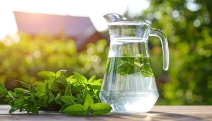Fresh mint water in a glass pitcher