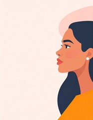 Stylized flat vector portrait of woman with neutral expression, positioned to the right side of the frame — left side left blank for editable text space, minimal layers for face, hair, clothing, and